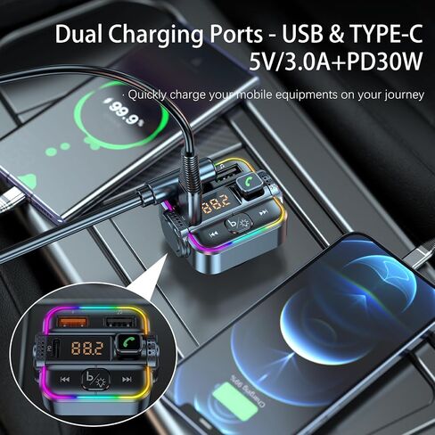 FM Transmitter for Car Bluetooth USB-C & USB Ports | Bluetooth V5.3 Car Radio Adapter, Hands-Free Wireless Car Kit with Ambient Light, U-Flash Playing Music, One Button Use in Saudi Arabia