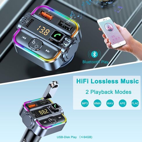 FM Transmitter for Car Bluetooth USB-C & USB Ports | Bluetooth V5.3 Car Radio Adapter, Hands-Free Wireless Car Kit with Ambient Light, U-Flash Playing Music, One Button Use in Saudi Arabia