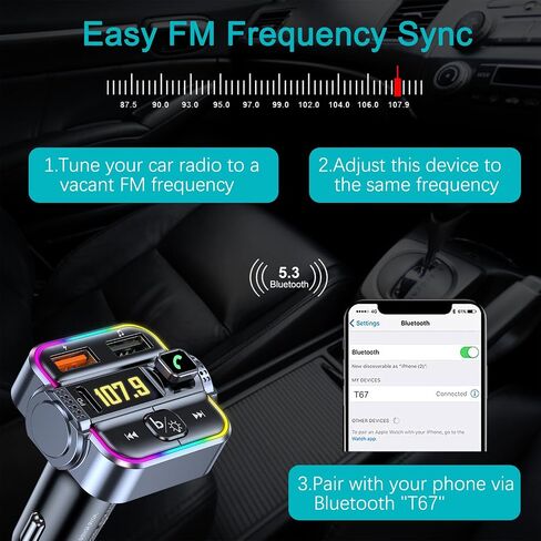 FM Transmitter for Car Bluetooth USB-C & USB Ports | Bluetooth V5.3 Car Radio Adapter, Hands-Free Wireless Car Kit with Ambient Light, U-Flash Playing Music, One Button Use in Saudi Arabia