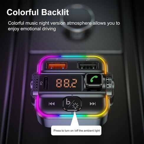 FM Transmitter for Car Bluetooth USB-C & USB Ports | Bluetooth V5.3 Car Radio Adapter, Hands-Free Wireless Car Kit with Ambient Light, U-Flash Playing Music, One Button Use in Saudi Arabia