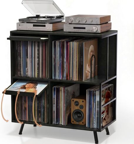 Faesun Record Player Stand with Flip-Down Record Shelf, Walnut | Vinyl Record Storage Holds up to 150+ Albums, Turntable Stand with Album Display, Record Table with Large Open Storage in Saudi Arabia