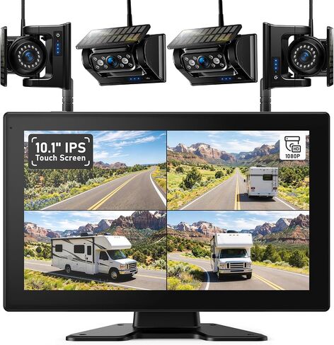 ZEROXCLUB 4 Magnetic Solar Wireless Backup Camera HD1080P DVR 10.1" Touchscreen Monitor, Quad RV Rearview Backup Cameras Wireless System for RV Trailer Tractor, Built-in 9600mAh Solar Battery, BL104 in Saudi Arabia
