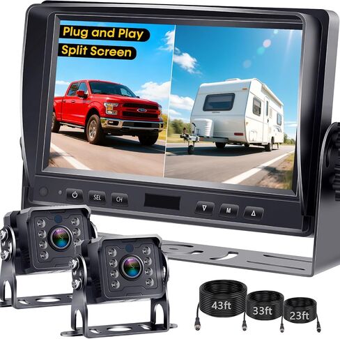 Dual RV Backup Camera System: 7" Monitor with Split Screen No Lag Plug-Play | HD 1080P Rear View Camera Wired Kit IP69 Waterproof IR Crystal Night Vision for Truck Tractor in Saudi Arabia