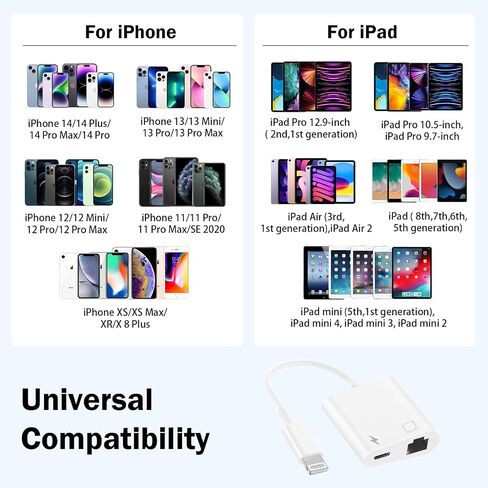 MFi Certified 2 in 1 Lightning to RJ45 Ethernet LAN Network Adapter with Charge Port Compatible with iPhone/iPad/iPod Models, Supports 100Mbps,Plug and Play Ethernet Network in Saudi Arabia