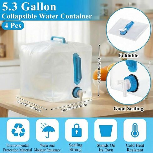 4 Pack 5.3Gal Collapsible Water Containers with Spigot | Labor-Saving Dual Handles, BPA Free Canteen, Portable & Foldable for Outdoor Hiking, Camping, Emergency in Saudi Arabia