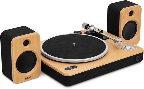 House of Marley Stir It Up Wireless 2 قرص دوار مع مكبرات صوت - مشغل تسجيل بلوتوث مصنوع بشكل مستدام ومكبرات صوت على رف الكتب 10 وات، مشغل فينيل سهل الإعداد مع خرطوشة تقنية الصوت، الخيزران in Kuwait
