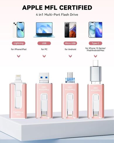 MFi Certified 256GB Flash Drive for iPhone iPad, Photo Stick for External Memory Storage, Easily Back Up and Save Photos Videos, USB Memory Stick Thumb Drive for iPhone/iPad/Android/PC(Rosepink) in Saudi Arabia