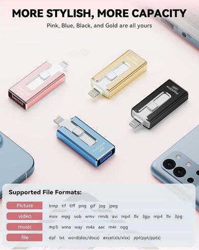 MFi Certified 256GB Flash Drive for iPhone iPad, Photo Stick for External Memory Storage, Easily Back Up and Save Photos Videos, USB Memory Stick Thumb Drive for iPhone/iPad/Android/PC(Rosepink) in Saudi Arabia