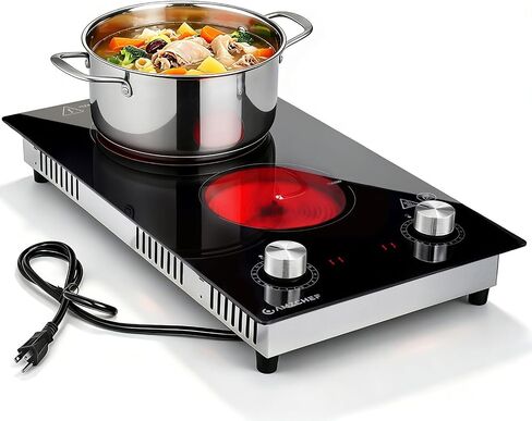 AMZCHEF 2 Burner Electric Cooktop, 9 power levels, 1800W, Touch Control | 12 Inch, 9 power levels, 99-min timer, safety lock,ceramic glass, residual heat indicator, 110V plug-in, suit all cookware in Saudi Arabia