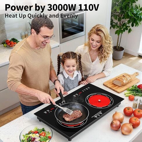 VBGK Electric Cooktop,110V 3000W 24 Inch Stove Top with LED touch Control,8 Power Levels, Kids Lock & 4H Timer,Overheat Protection stove,2 burner Electric cooktop in Saudi Arabia