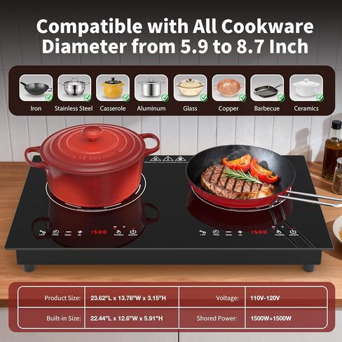 VBGK Electric Cooktop,110V 3000W 24 Inch Stove Top with LED touch Control,8 Power Levels, Kids Lock & 4H Timer,Overheat Protection stove,2 burner Electric cooktop in Saudi Arabia