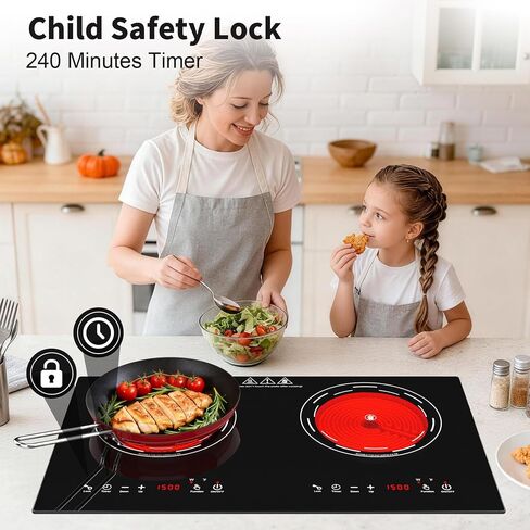 VBGK Electric Cooktop,110V 3000W 24 Inch Stove Top with LED touch Control,8 Power Levels, Kids Lock & 4H Timer,Overheat Protection stove,2 burner Electric cooktop in Saudi Arabia