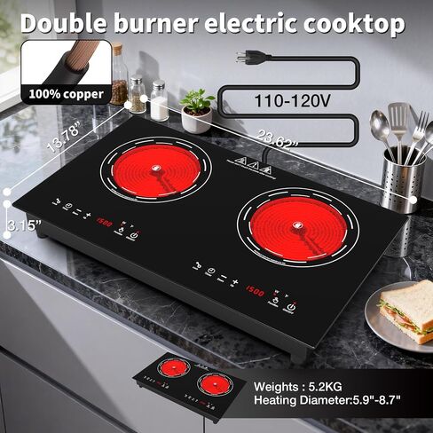 VBGK Electric Cooktop,110V 3000W 24 Inch Stove Top with LED touch Control,8 Power Levels, Kids Lock & 4H Timer,Overheat Protection stove,2 burner Electric cooktop in Saudi Arabia