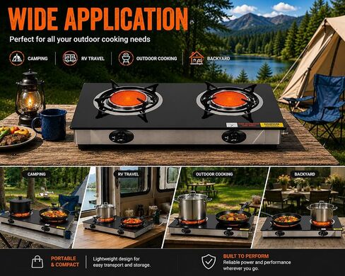 Barton Deluxe 40,000 BTU 2-Burner Propane Gas Stove, Outdoor Countertop Cooktop with Ceramic Infrared Burners, Auto Ignition LPG Camping Stove for BBQ, Tailgating & Outdoor Cooking in Saudi Arabia
