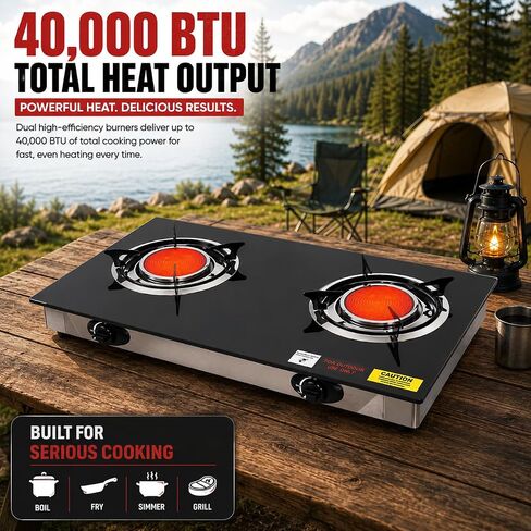 Barton Deluxe 40,000 BTU 2-Burner Propane Gas Stove, Outdoor Countertop Cooktop with Ceramic Infrared Burners, Auto Ignition LPG Camping Stove for BBQ, Tailgating & Outdoor Cooking in Saudi Arabia