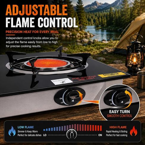 Barton Deluxe 40,000 BTU 2-Burner Propane Gas Stove, Outdoor Countertop Cooktop with Ceramic Infrared Burners, Auto Ignition LPG Camping Stove for BBQ, Tailgating & Outdoor Cooking in Saudi Arabia