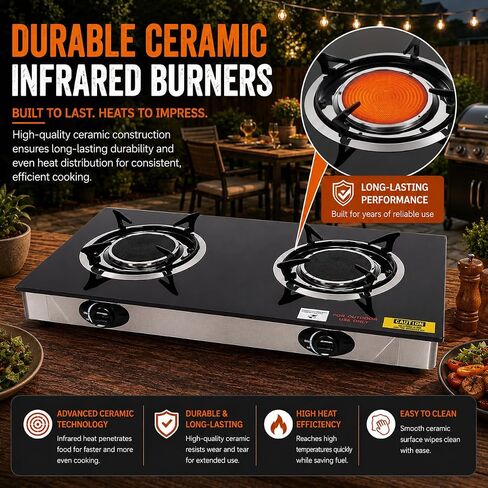 Barton Deluxe 40,000 BTU 2-Burner Propane Gas Stove, Outdoor Countertop Cooktop with Ceramic Infrared Burners, Auto Ignition LPG Camping Stove for BBQ, Tailgating & Outdoor Cooking in Saudi Arabia