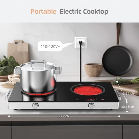 Infrared Double Burner Hot Plate,1800W Portable Electric Cooktop for 110-120V Outlet, Ceramic Glass Top, Knob & Touch Control, 9 Power Levels, Timer, Works with Any Cookware in Saudi Arabia