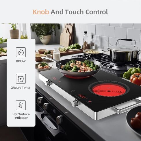 Infrared Double Burner Hot Plate,1800W Portable Electric Cooktop for 110-120V Outlet, Ceramic Glass Top, Knob & Touch Control, 9 Power Levels, Timer, Works with Any Cookware in Saudi Arabia