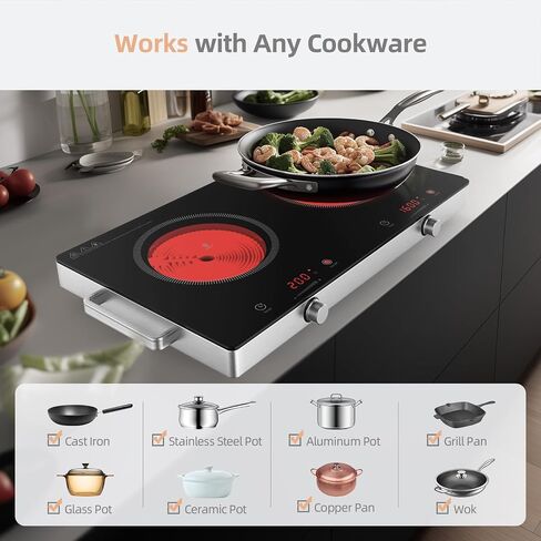 Infrared Double Burner Hot Plate,1800W Portable Electric Cooktop for 110-120V Outlet, Ceramic Glass Top, Knob & Touch Control, 9 Power Levels, Timer, Works with Any Cookware in Saudi Arabia