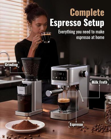 SHARDOR Espresso Machine with Grinder Bundle — Separate Conical Burr Coffee Grinder with 48 Adjustable Grind Settings, 20-Bar Espresso Machine with Steam Wand for Home Barista in Saudi Arabia