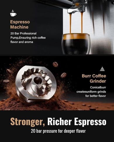 SHARDOR Espresso Machine with Grinder Bundle — Separate Conical Burr Coffee Grinder with 48 Adjustable Grind Settings, 20-Bar Espresso Machine with Steam Wand for Home Barista in Saudi Arabia