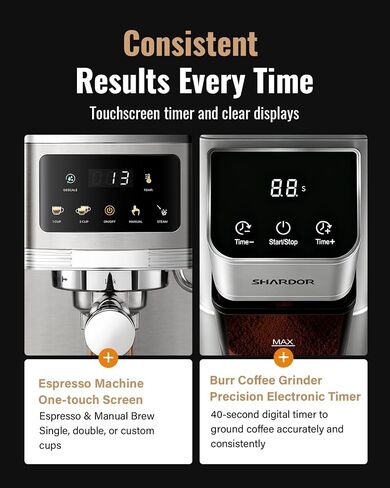 SHARDOR Espresso Machine with Grinder Bundle — Separate Conical Burr Coffee Grinder with 48 Adjustable Grind Settings, 20-Bar Espresso Machine with Steam Wand for Home Barista in Saudi Arabia