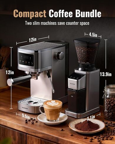 SHARDOR Espresso Machine with Grinder Bundle — Separate Conical Burr Coffee Grinder with 48 Adjustable Grind Settings, 20-Bar Espresso Machine with Steam Wand for Home Barista in Saudi Arabia