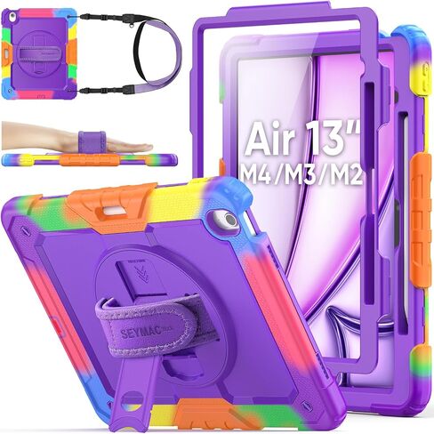 SEYMAC stock Case for iPad Air 11-inch M4-M2 2026-2024 (Gen 8-6), Shockproof Heavy Duty Case with Screen Protector, Pencil Holder, Rotating Stand, Hand Strap, Shoulder Strap, Black in Saudi Arabia