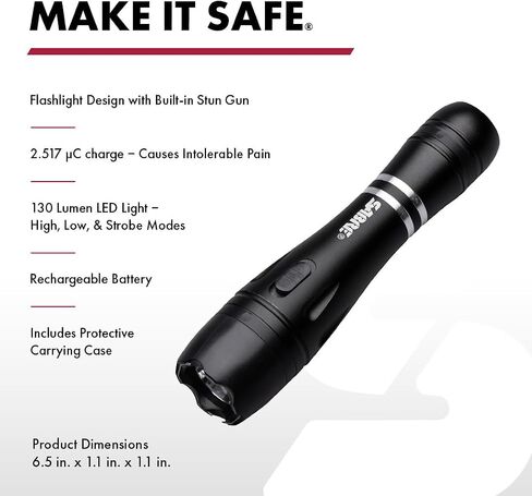 SABRE 2-in-1 Tactical Stun Gun with LED Flashlight, Self Defense Stun Gun with 2.517 µC Charge Produces Intolerable Pain, 130 Lumen LED Light, Safety Switch, Belt Holster, Rechargeable Battery in Saudi Arabia