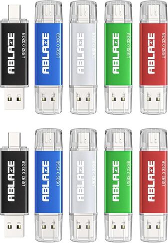 ABLAZE Type C Flash Drive 32GB 10 Pack, Dual USB 2.0+USB C Thumb Drives | Compatible with iPhone 17/16/15, Android Smartphone, Computer,Tablet Mac Laptop, Mixed 5 Colors in Saudi Arabia