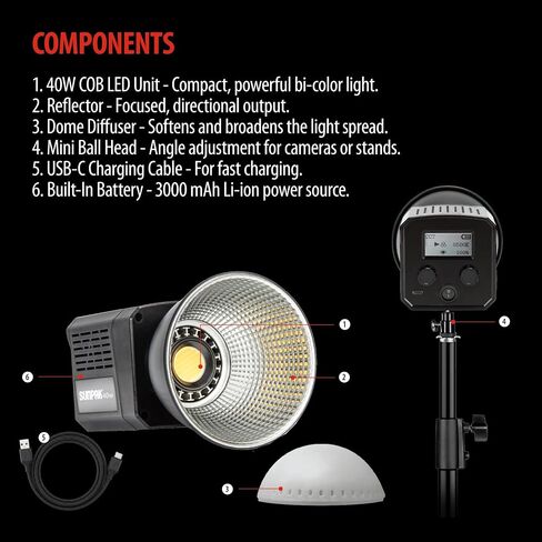 Sunpak 40W Bi-Color COB Light with Dome Diffuser, Ball Head and USB Cable | 6500 lumens output, 2500-6500K bi-color, 3000mAh battery, dome diffuser, reflector, mini ball head, LCD, and 8 FX effects in Kuwait