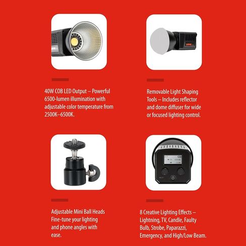 Sunpak 40W Bi-Color COB Light with Dome Diffuser, Ball Head and USB Cable | 6500 lumens output, 2500-6500K bi-color, 3000mAh battery, dome diffuser, reflector, mini ball head, LCD, and 8 FX effects in Kuwait
