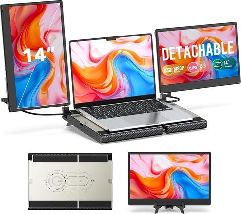 موسع شاشة الكمبيوتر المحمول، موسع شاشة الكمبيوتر المحمول 14 بوصة FHD 1080P، قاعدة قابلة للتمدد وشاشة قابلة للفصل، التوصيل والتشغيل، موسع شاشة ثلاثي متوافق مع أنظمة التشغيل Windows وMac وChrome in Kuwait