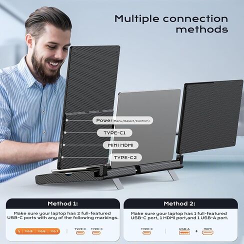 موسع شاشة الكمبيوتر المحمول، موسع شاشة الكمبيوتر المحمول 14 بوصة FHD 1080P، قاعدة قابلة للتمدد وشاشة قابلة للفصل، التوصيل والتشغيل، موسع شاشة ثلاثي متوافق مع أنظمة التشغيل Windows وMac وChrome in Kuwait
