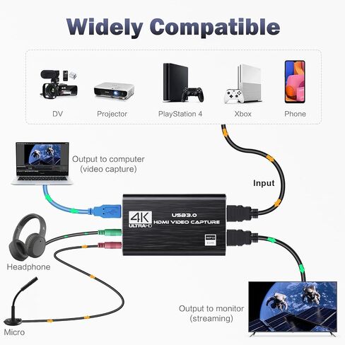 Video Capture Card, 4K HDMI Audio Capture Card Video Recorder with Mic and HDMI Loop-Out for Gaming/Live Streaming/Conference, Works for Nintendo Switch/PS5/Camera/Xbox/OBS in Kuwait