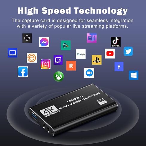 Video Capture Card, 4K HDMI Audio Capture Card Video Recorder with Mic and HDMI Loop-Out for Gaming/Live Streaming/Conference, Works for Nintendo Switch/PS5/Camera/Xbox/OBS in Kuwait
