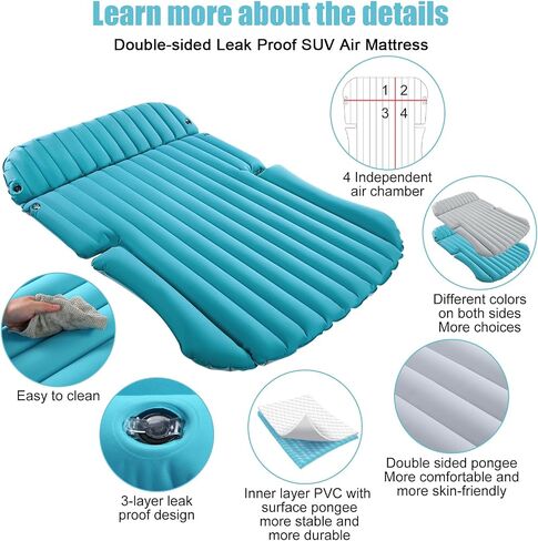 KMZ SUV Air Mattress Double-Sided Inflatable Car Mattress Camping Bed with Pump for SUV Trunk & Rear Seat - Blue (Light Gray) (Light Gray) in Saudi Arabia