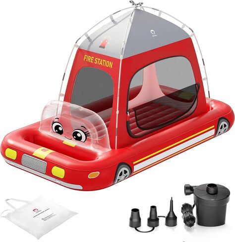 QPAU Inflatable Kids Air Mattress, Fire Truck Tent Design, Ages 3+, Red | Includes a Tent and Electric Pump for Quick Setup, with a Portable Design for Home, Travel and Camping in Saudi Arabia