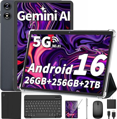 Android Tablet 10 inch, 2026 Android 16 Tablet with Keyboard, 26GB+256GB (2TB Expand), Gemini AI Tablet with 8-Core, 8000mAh, 5G WiFi, Widevine L1, 2 in 1 Tablets PC with Case/Mouse/Stylus-Black Case in Saudi Arabia