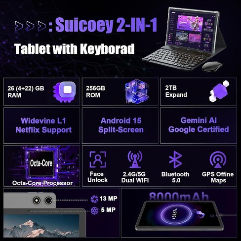 Android Tablet 10 inch, 2026 Android 16 Tablet with Keyboard, 26GB+256GB (2TB Expand), Gemini AI Tablet with 8-Core, 8000mAh, 5G WiFi, Widevine L1, 2 in 1 Tablets PC with Case/Mouse/Stylus-Black Case in Saudi Arabia