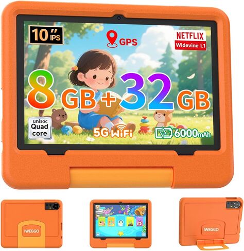 تابلت IWEGGO Android 15 للأطفال مع حافظة EVA، تابلت 10 بوصة للأطفال، ذاكرة وصول عشوائي 8 جيجابايت + ذاكرة وصول عشوائي 32 جيجابايت/حد أقصى 1 تيرابايت، شاشة لمس عالية الدقة 1280 * 800 IPS للعناية بالعين، أقراص 1.8 جيجا هرتز رباعية النواة للأطفال الصغار، 5G  in Kuwait