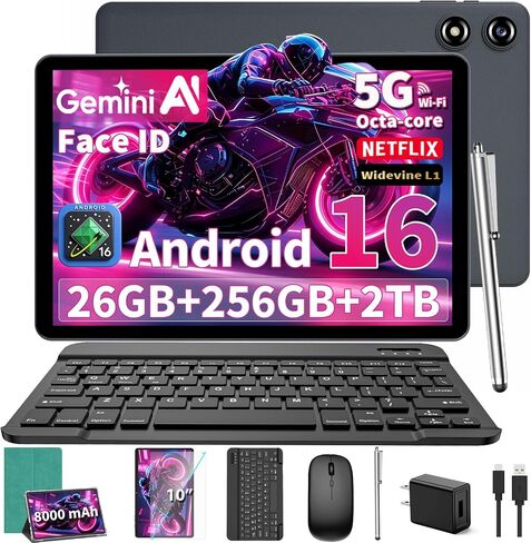 تابلت 10 بوصة مع لوحة مفاتيح - 2026 Gemini AI Android 16 Tablet، حافظة سوداء | كمبيوتر لوحي إلكتروني بسعة 26 جيجابايت + 256 جيجابايت + 2 تيرابايت موسع، مزود بـ 8 مراكز، 5G WiFi، 8000 مللي أمبير في الساعة، GMS، نظام تحديد المواقع العالمي (GPS)، جهاز لوحي 2 in Kuwait