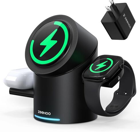 ZEEHOO 3 in 1 Charging Station for Apple Devices, Mag-Safe Charger Stand, 15W Auto-Rotating Wireless Charger for iPhone 17 16/15/14/13/12 Series& AirPods& iWatch(Black) in Saudi Arabia
