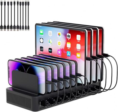60W Charging Station for Multiple Devices, 10-Port USB Fast Charger | Device Organizer Charging Dock with 10 Mixed Charging Cable & Adjustable Dividers for iPhone, Android, iPad, Tablets & More in Kuwait