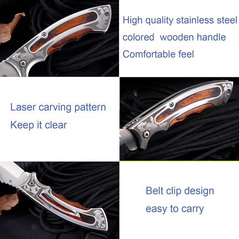 Pocket Knife Folding Knife stainless steel blade + handle (stainless steel and colored wood) for Hunting, Camping, Fishing, Hiking, Outdoor Activities Home Improvement in Kuwait