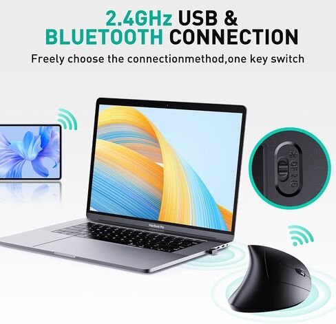 JYKEYMOUT Bluetooth and 2.4G (2-in-1) Rechargeable Wireless Mouse, Ergonomic Vertical Design, 1000/1200/1600 DPI, 6 Silent Buttons, for Laptop, Computer, PC, MacBook, Chromebook-Black in Saudi Arabia