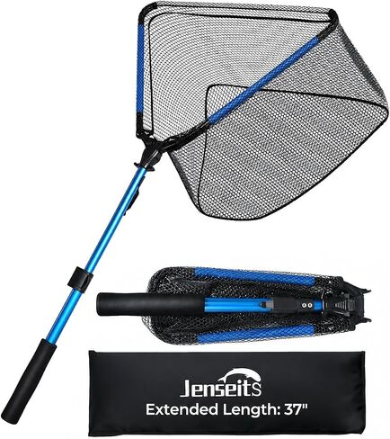 Jenseits Foldable Fishing Landing Net, Telescopic Aluminum Handle，Blue | Rubber-Coated Mesh, EVA Floating Frame, Ultralight Extendable Design for Kayak, Boat, Bass & Trout Fishing，Great Gift for Men in Saudi Arabia