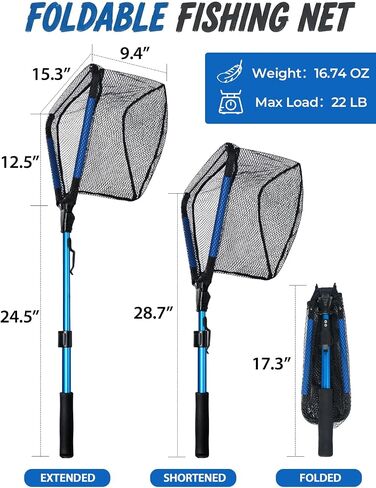 Jenseits Foldable Fishing Landing Net, Telescopic Aluminum Handle，Blue | Rubber-Coated Mesh, EVA Floating Frame, Ultralight Extendable Design for Kayak, Boat, Bass & Trout Fishing，Great Gift for Men in Saudi Arabia