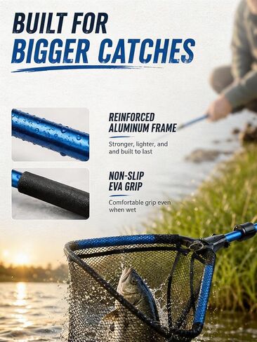 Jenseits Foldable Fishing Landing Net, Telescopic Aluminum Handle，Blue | Rubber-Coated Mesh, EVA Floating Frame, Ultralight Extendable Design for Kayak, Boat, Bass & Trout Fishing，Great Gift for Men in Saudi Arabia